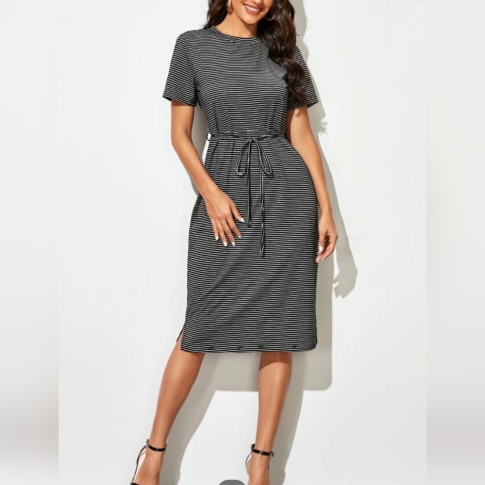 SHEIN self tie stripe Midi tee dress